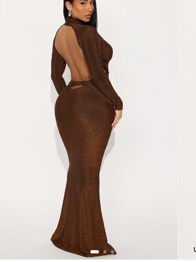Fashion Nova Shimmery Bronze Backless Long-Sleeve Gown
